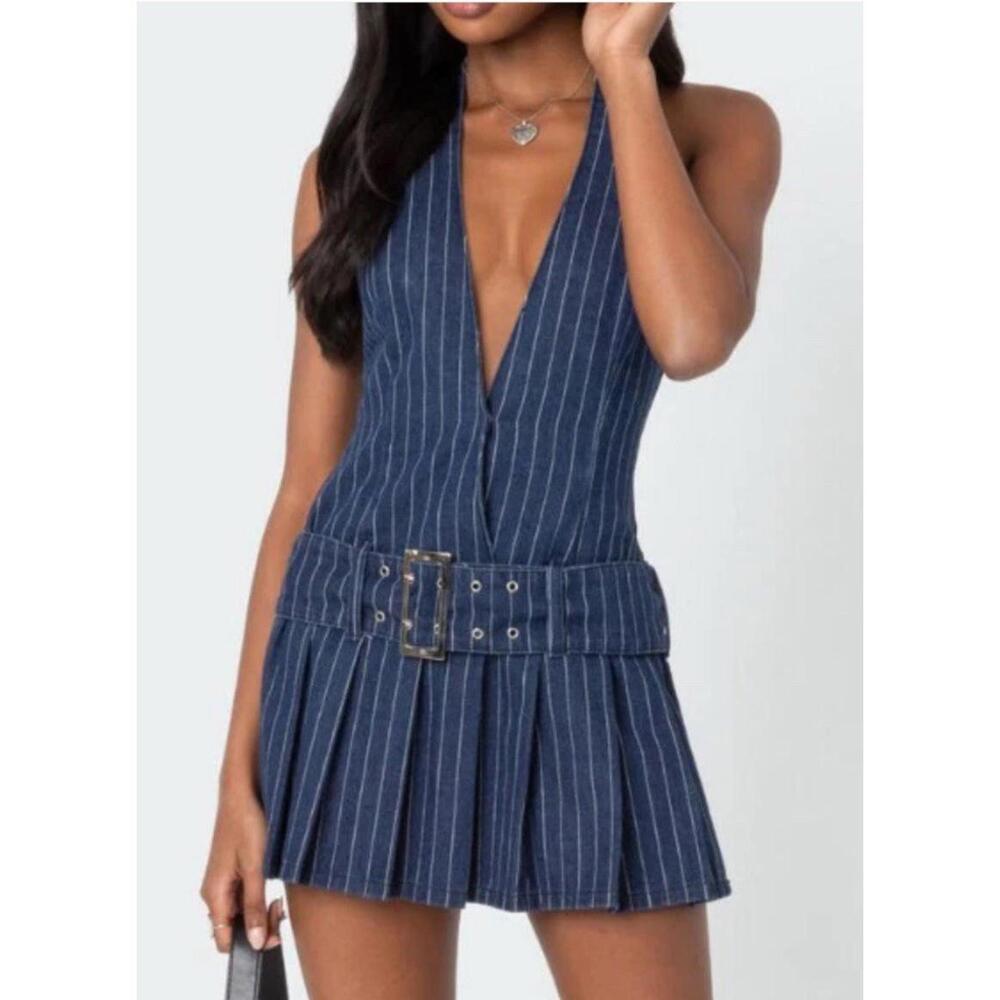 Edikted Belted Pinstripe Denim Mini Dress Online Exclusive Navy Size Extra Small